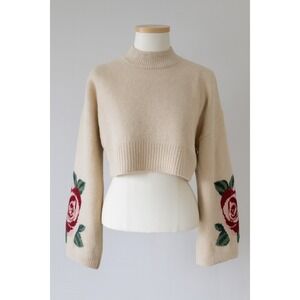 Womens Sweater Size L Beige Cropped Knit Rose Floral Bell Sleeve Romantic Fall